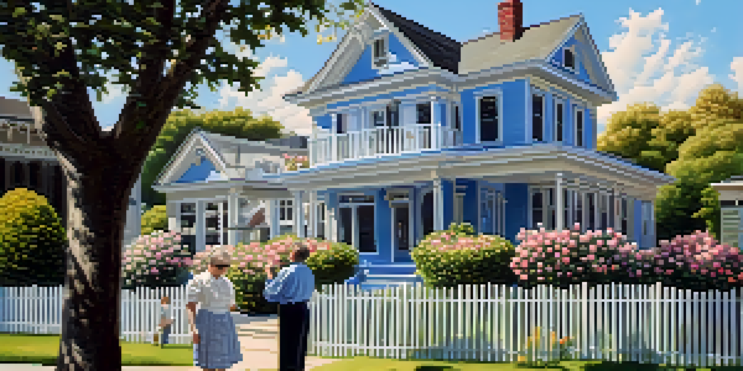 A woman appraiser inspecting a vintage house in a beautiful garden, taking notes with a clear blue sky above.