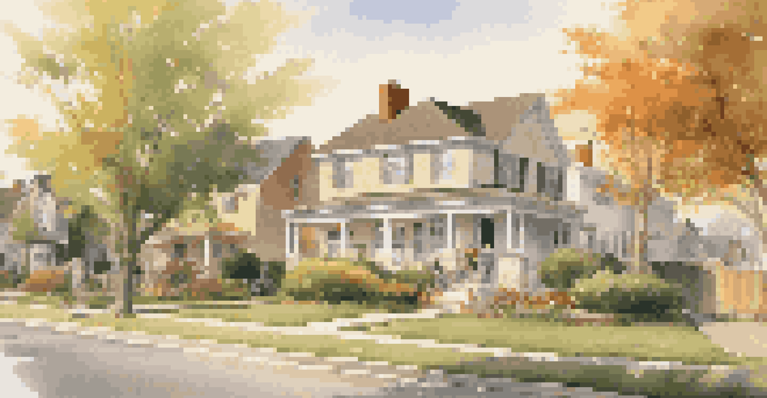 A picturesque suburban neighborhood during sunset, with children playing and a couple walking hand in hand.