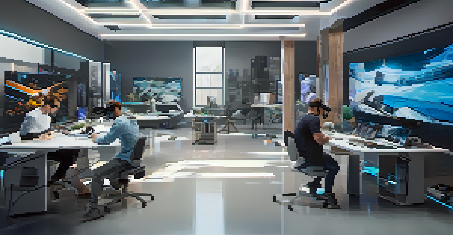 A design studio with designers using virtual reality technology to collaborate on home designs.