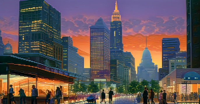 A colorful sunset over a city skyline with people and cars on a busy street.