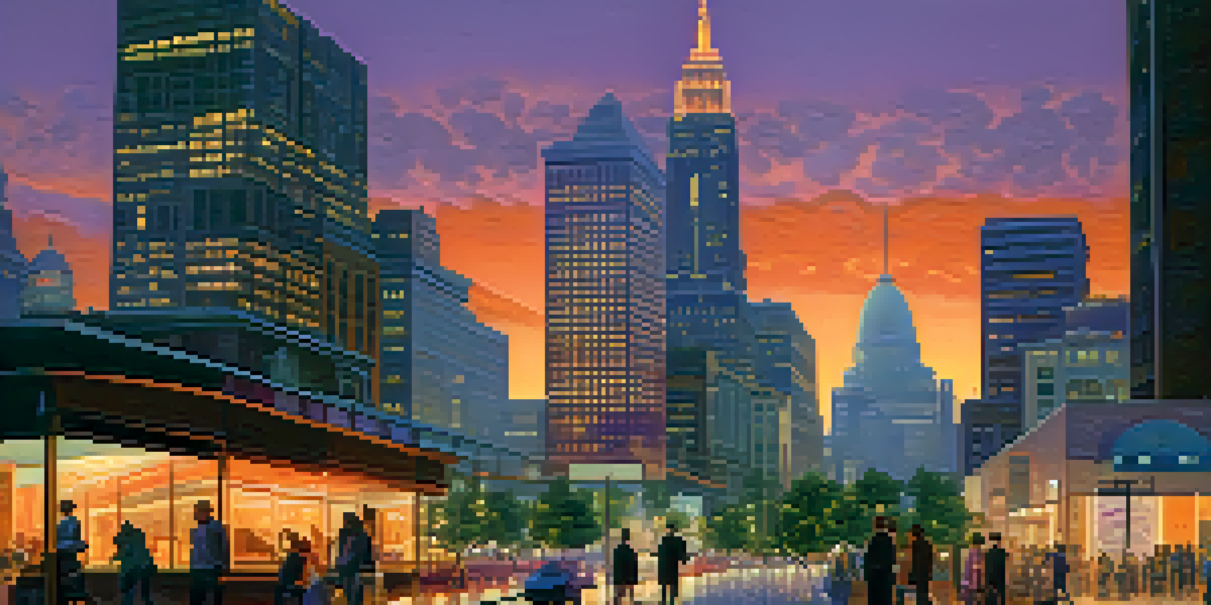 A colorful sunset over a city skyline with people and cars on a busy street.