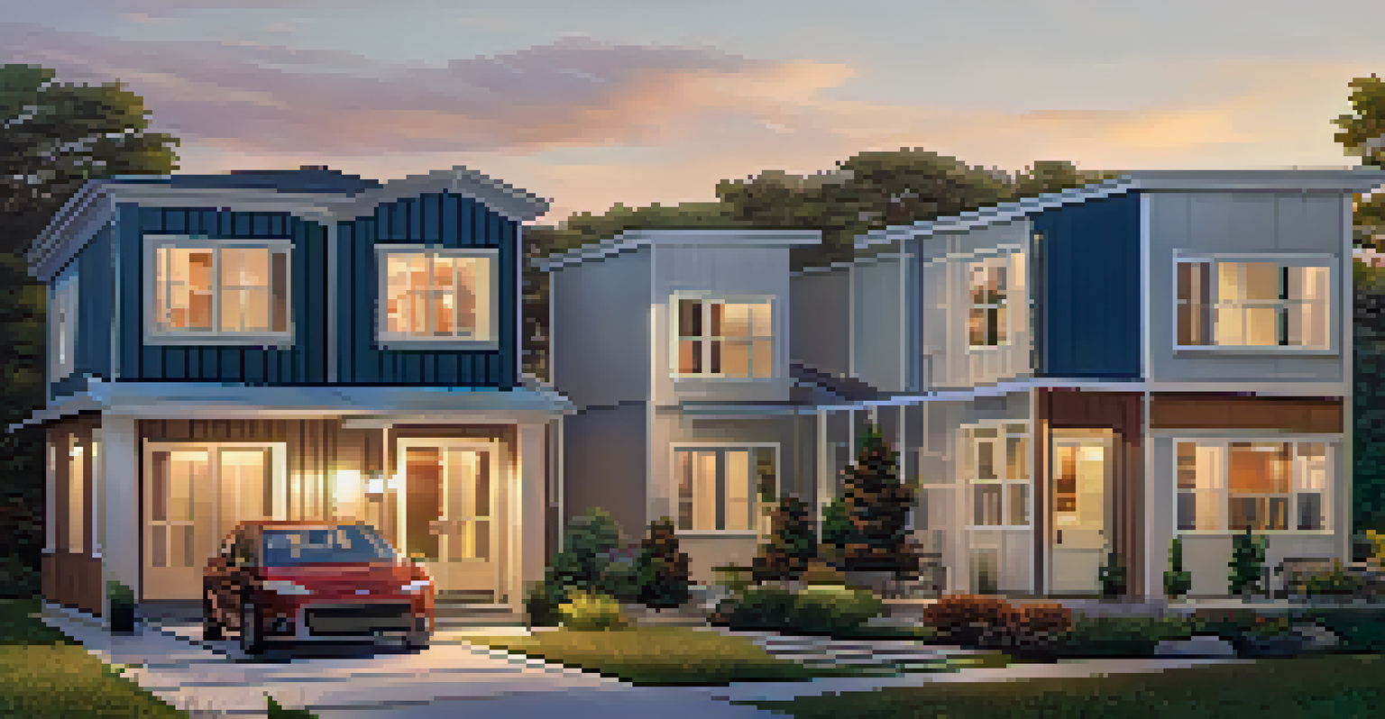 A peaceful neighborhood with different designed prefabricated homes during sunset.