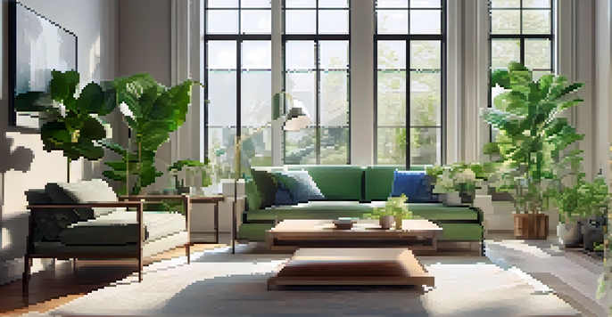 A cozy living room with a visible smart thermostat on the wall, bright sunlight streaming in through large windows, and green indoor plants.