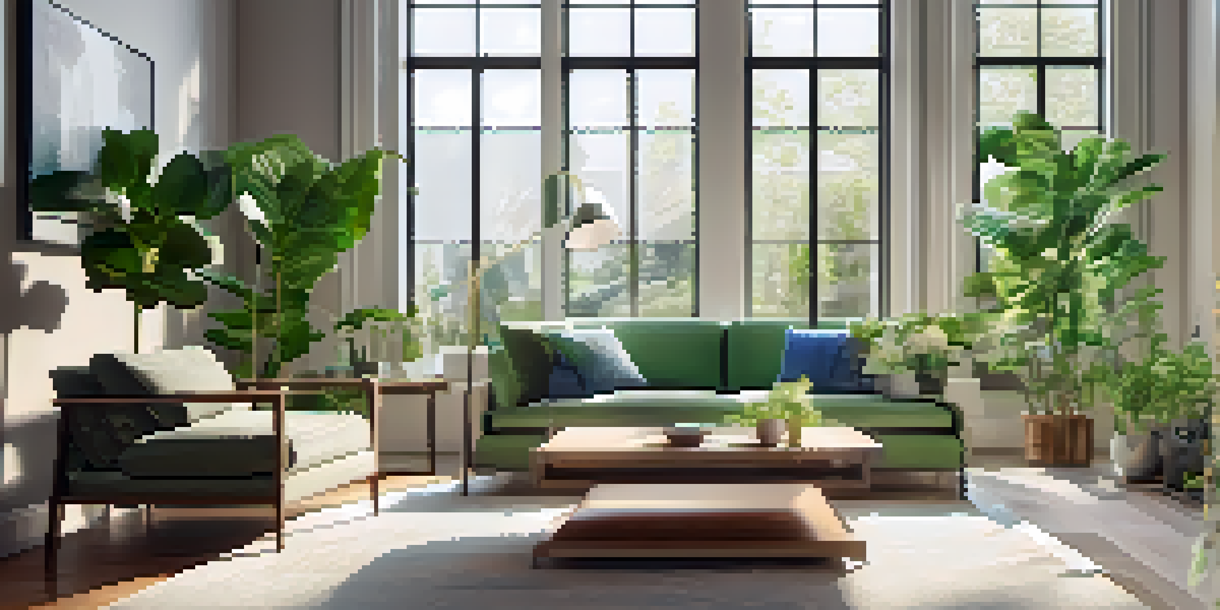 A cozy living room with a visible smart thermostat on the wall, bright sunlight streaming in through large windows, and green indoor plants.