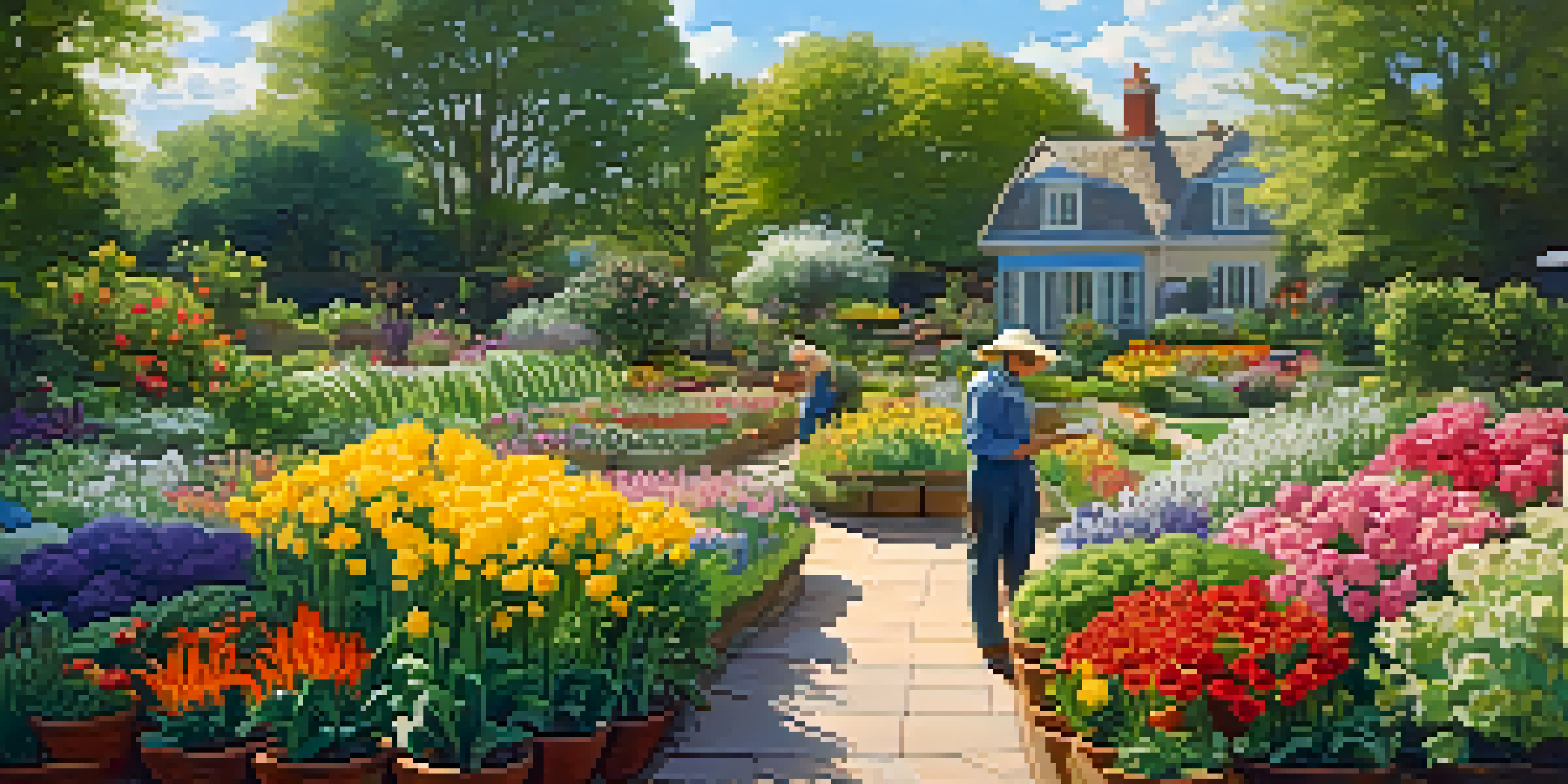 A colorful spring garden featuring blooming flowers and vegetables, with a gardener inspecting the plants under a sunny sky.