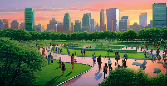 A vibrant urban skyline at sunset, with skyscrapers reflecting colorful hues, and a green park filled with people in the foreground.