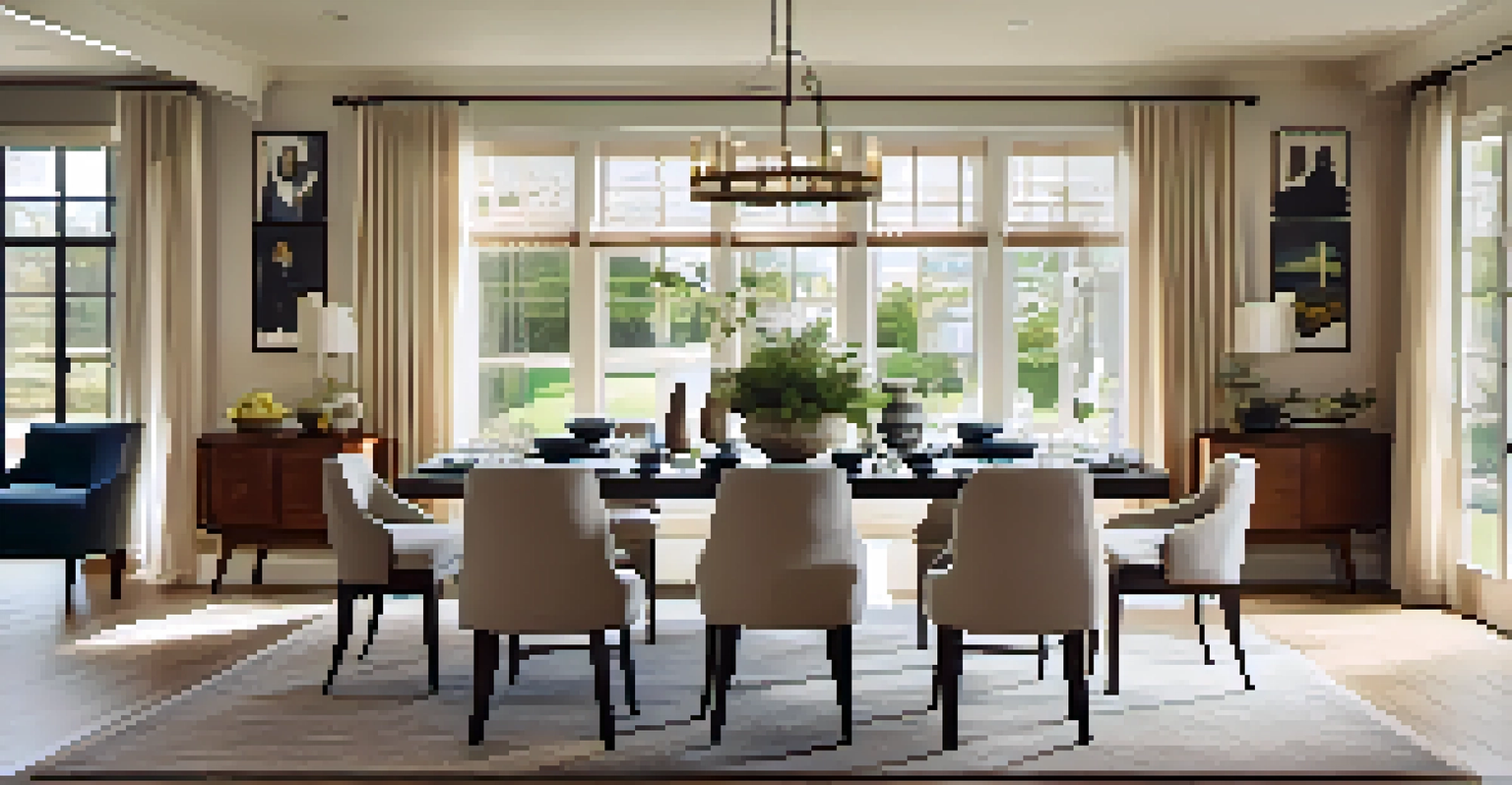 A stylish dining area with a wooden table and upholstered chairs, adorned with personal touches and bright natural light.