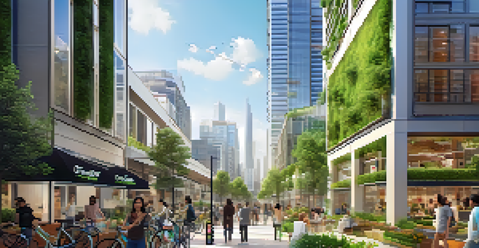 A lively urban setting with modern eco-friendly buildings, green spaces, and people using bike-sharing services under a bright sunny sky.