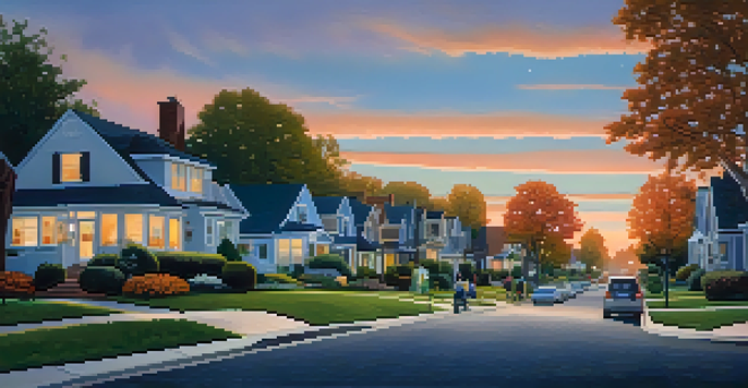 A peaceful suburban neighborhood during dusk with homes, gardens, and families walking.