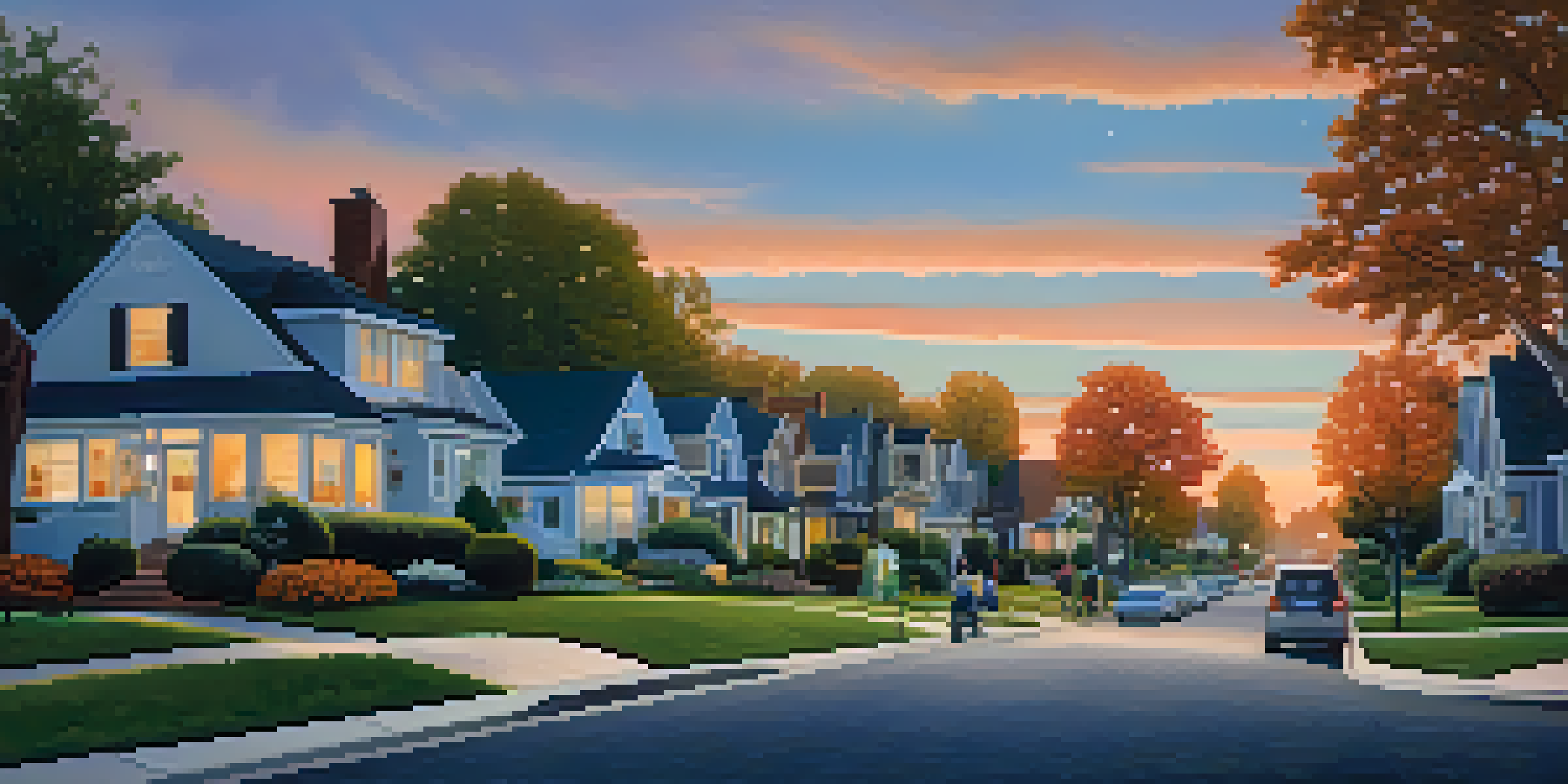 A peaceful suburban neighborhood during dusk with homes, gardens, and families walking.