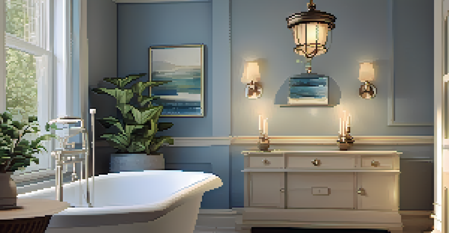 A cozy bathroom corner with a clawfoot bathtub, candles, and decorative plants, illuminated by soft pendant lighting.
