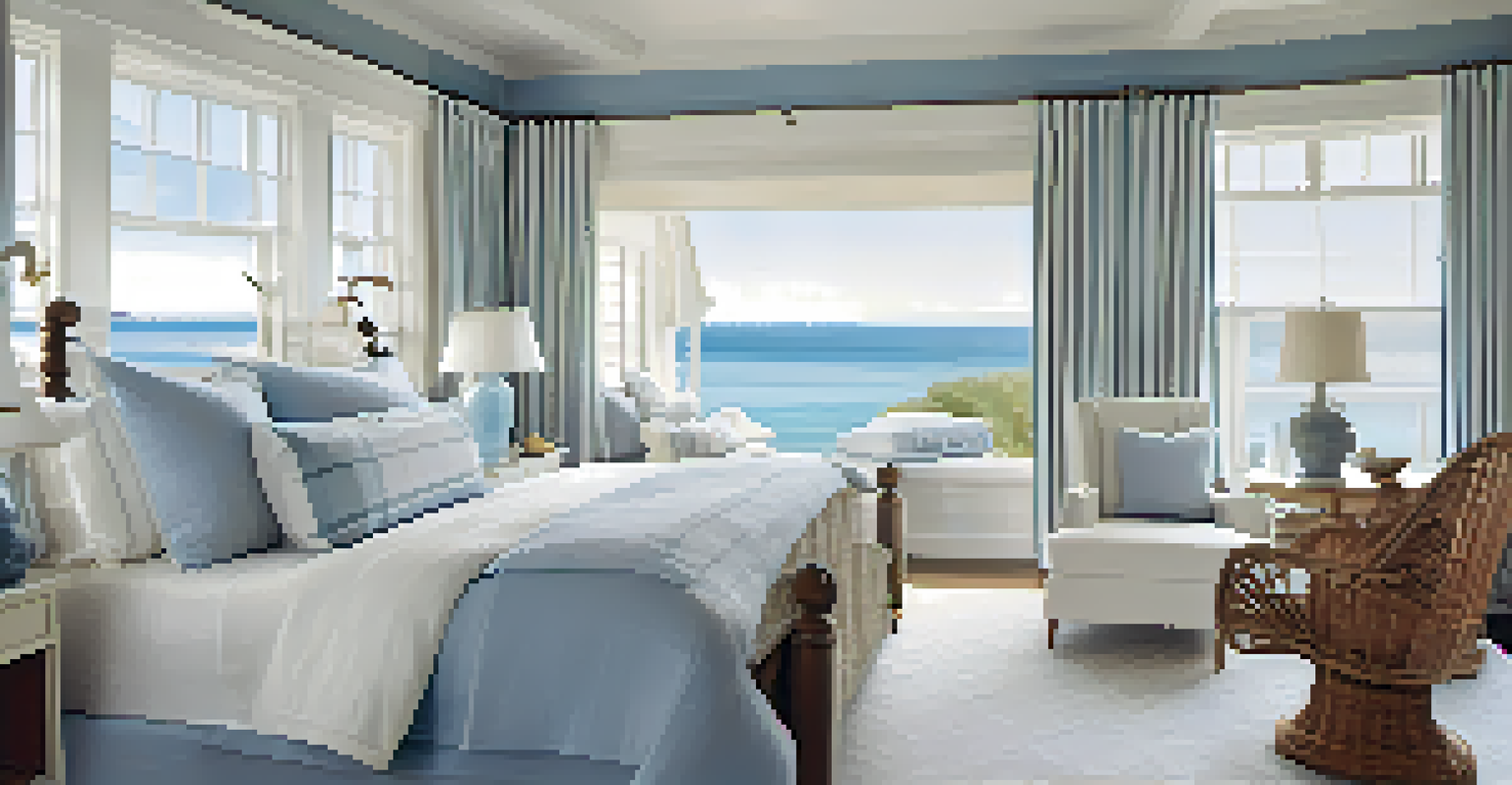 A coastal-inspired bedroom with soft blue and white colors, a large bed, and a view of the ocean through large windows with sheer curtains.