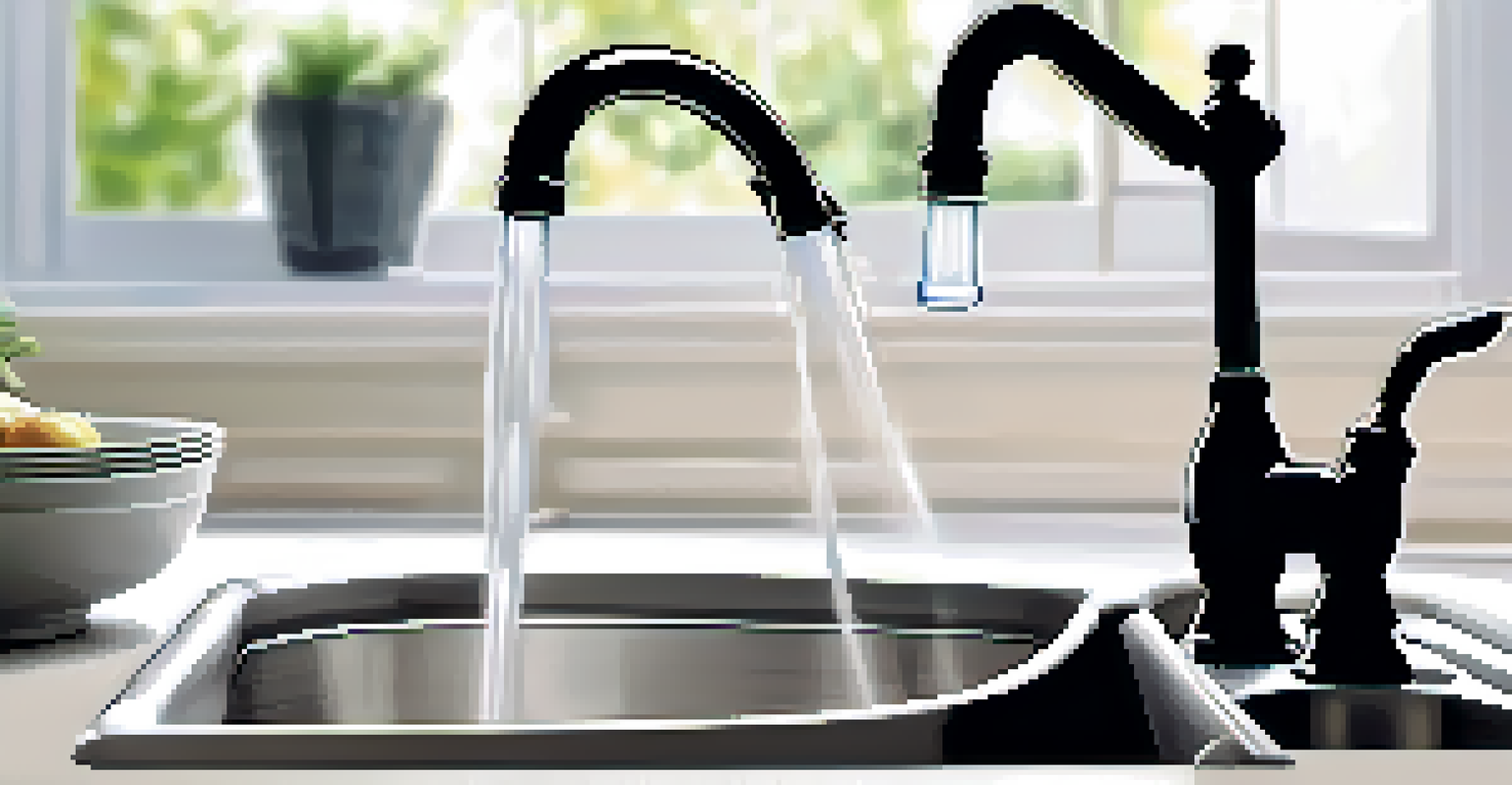 Close-up of a faucet aerator on a kitchen sink, showing water flowing through it and creating a gentle spray, set in a clean kitchen.