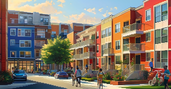 A colorful student housing neighborhood filled with multi-family homes and apartments, with students enjoying the outdoors during sunset.