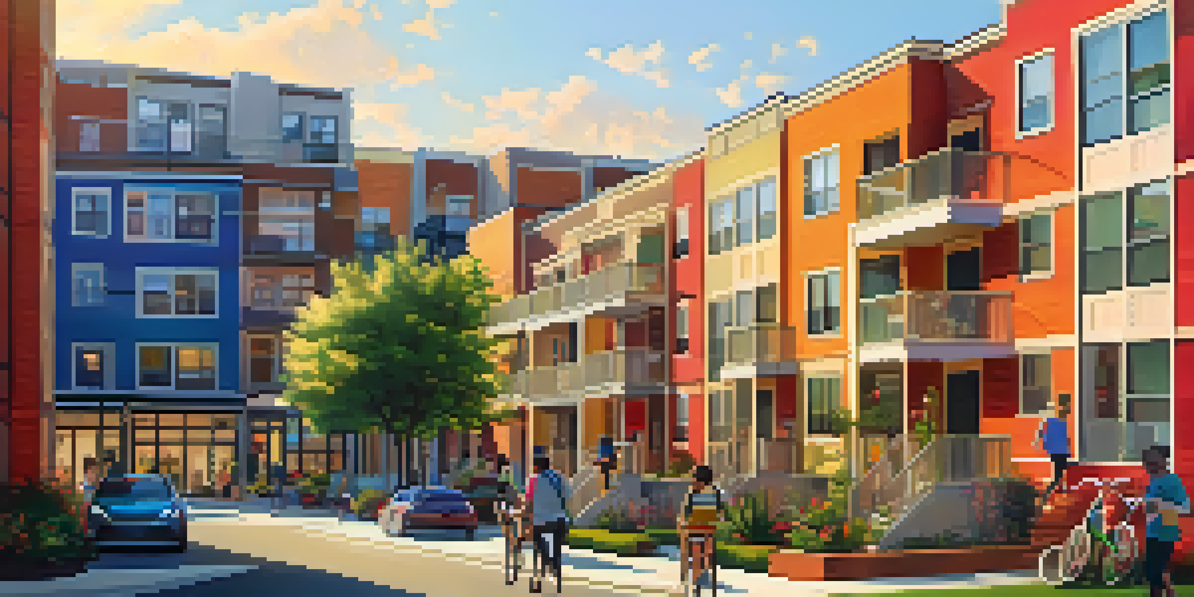 A colorful student housing neighborhood filled with multi-family homes and apartments, with students enjoying the outdoors during sunset.