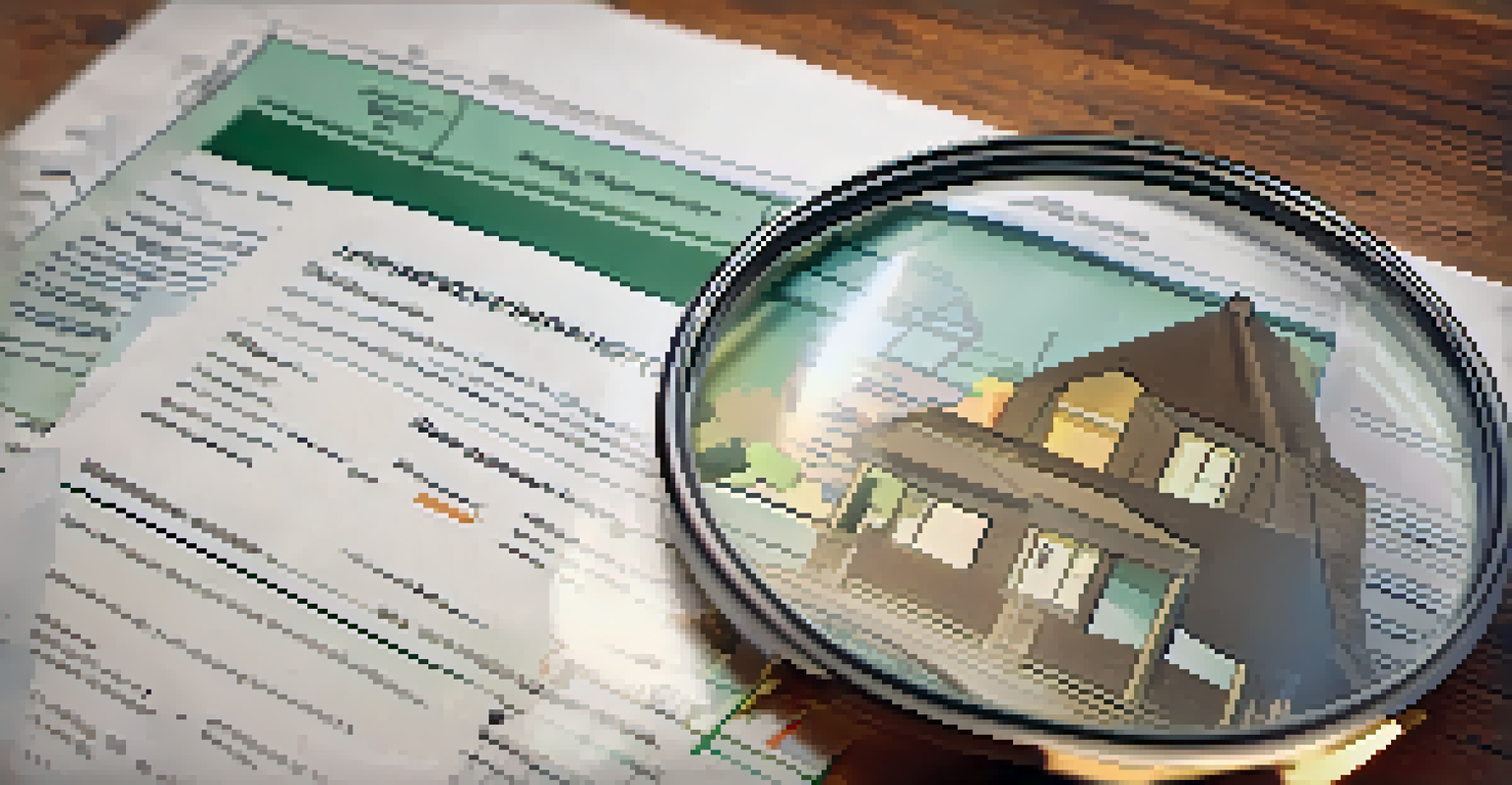 A close-up of a home inspection report on a wooden table with a magnifying glass and highlighted sections.