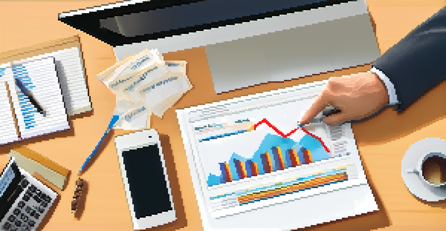 A financial advisor pointing at a graph on a laptop, explaining mortgage differences. The desk is filled with documents and a calculator.