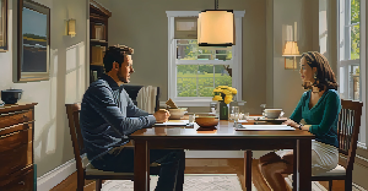 A homebuyer and seller negotiating at a dining table with documents and a laptop.