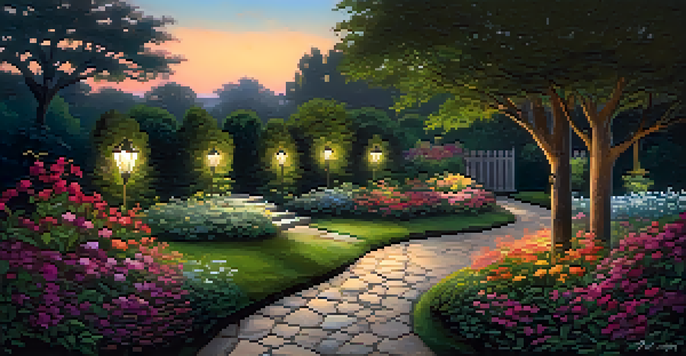 A serene garden scene at dusk with glowing path lights, a winding stone pathway, and a beautifully illuminated tree.