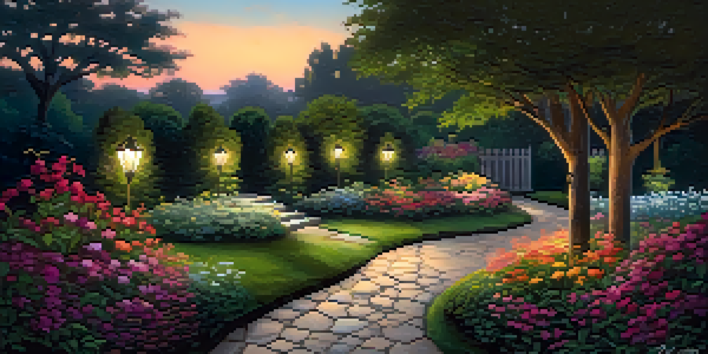 A serene garden scene at dusk with glowing path lights, a winding stone pathway, and a beautifully illuminated tree.