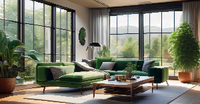 A cozy living room with a modern smart home setup, featuring a smart speaker, comfortable sofa, and a digital display showing security feeds.