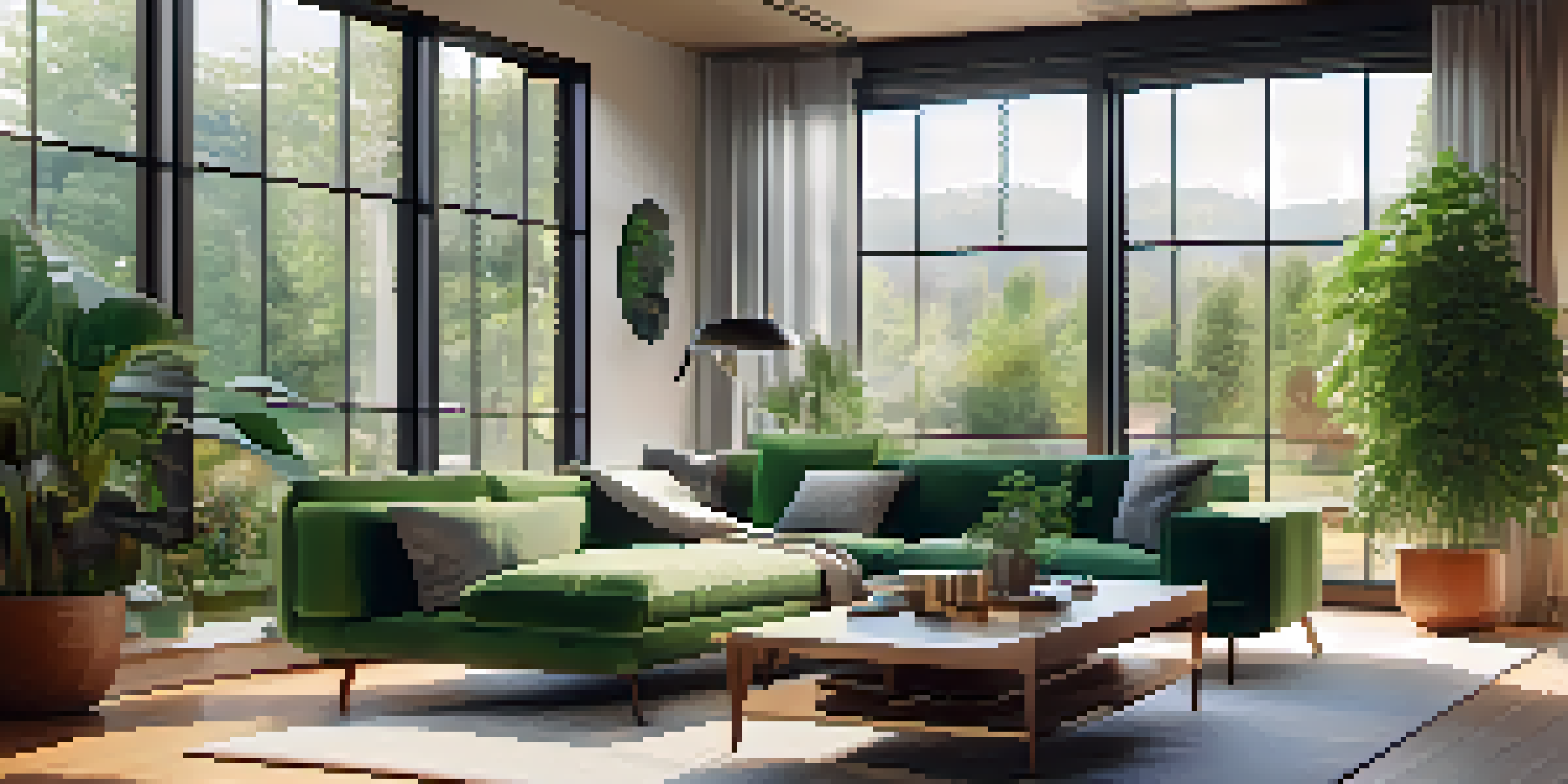 A cozy living room with a modern smart home setup, featuring a smart speaker, comfortable sofa, and a digital display showing security feeds.