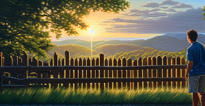 A person checking motion sensor lights on a fence during sunset with greenery in the background.