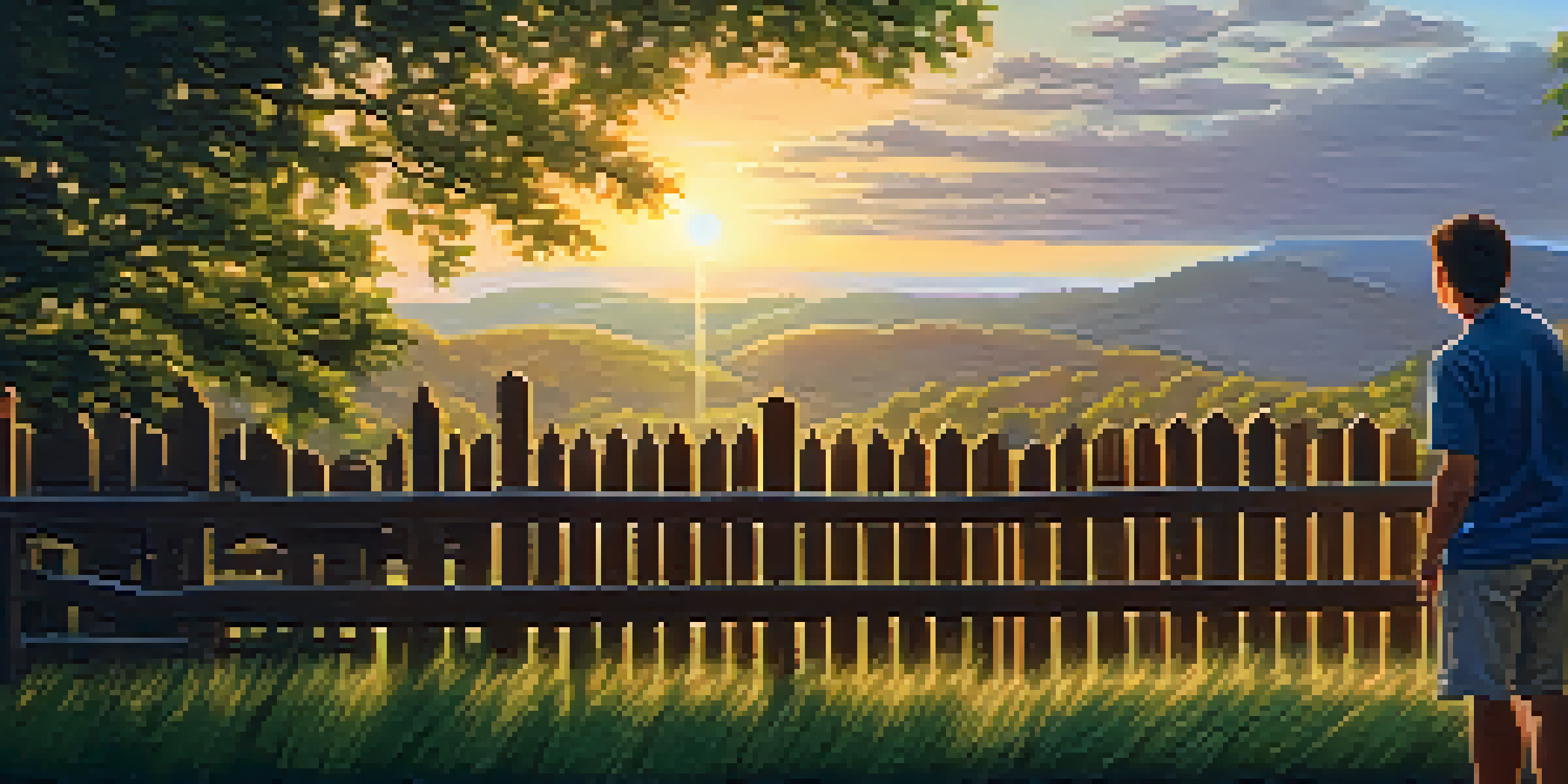 A person checking motion sensor lights on a fence during sunset with greenery in the background.