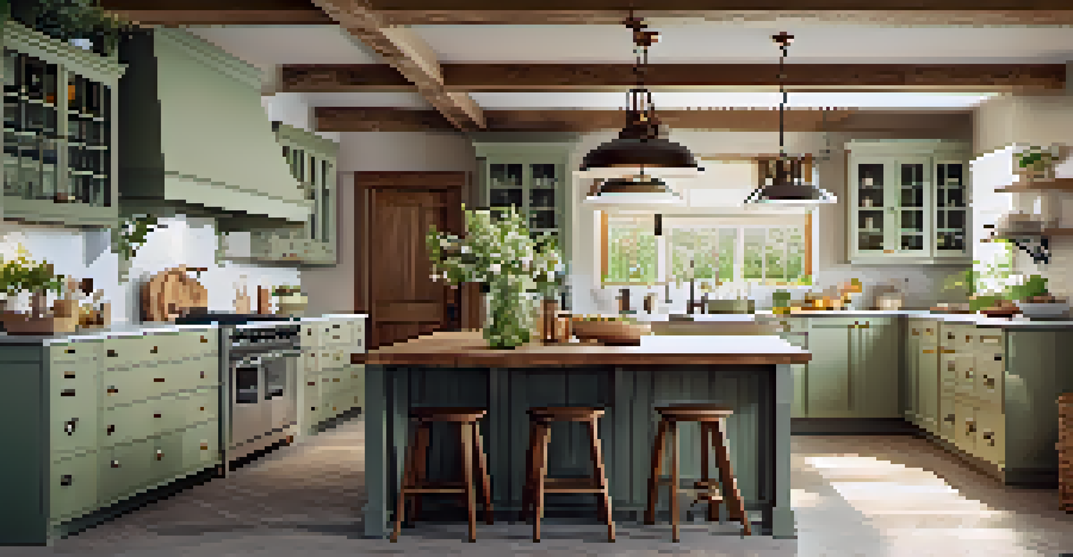 A rustic kitchen with wooden beams, a farmhouse sink, and a wooden dining table set for a meal.