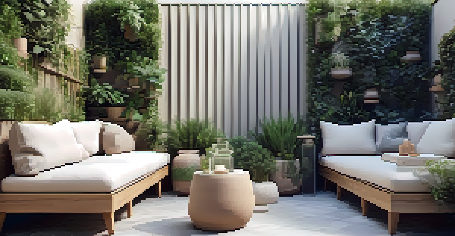 A small, stylish patio with vertical gardens and compact furniture, enhanced by mirrors and natural light.