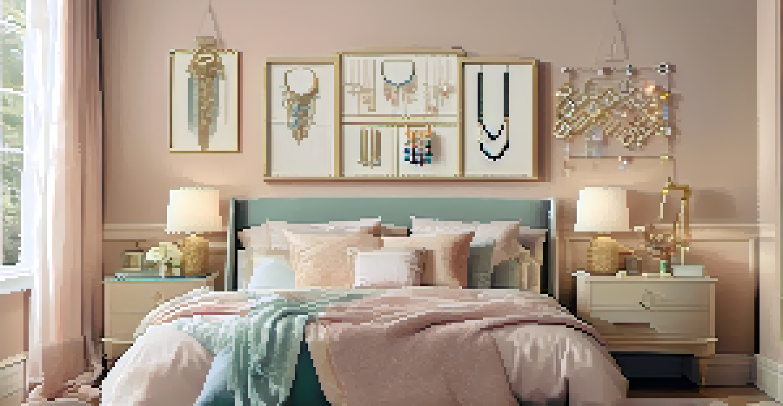 A cozy bedroom featuring a DIY hook board with jewelry, warm lighting, and a neatly made bed with decorative cushions.