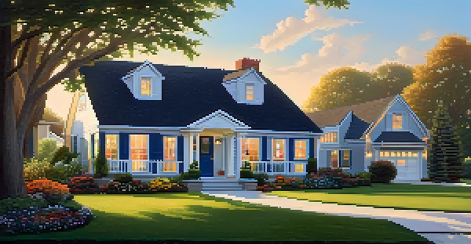 A clean suburban home with bright windows and a well-kept garden during sunset.