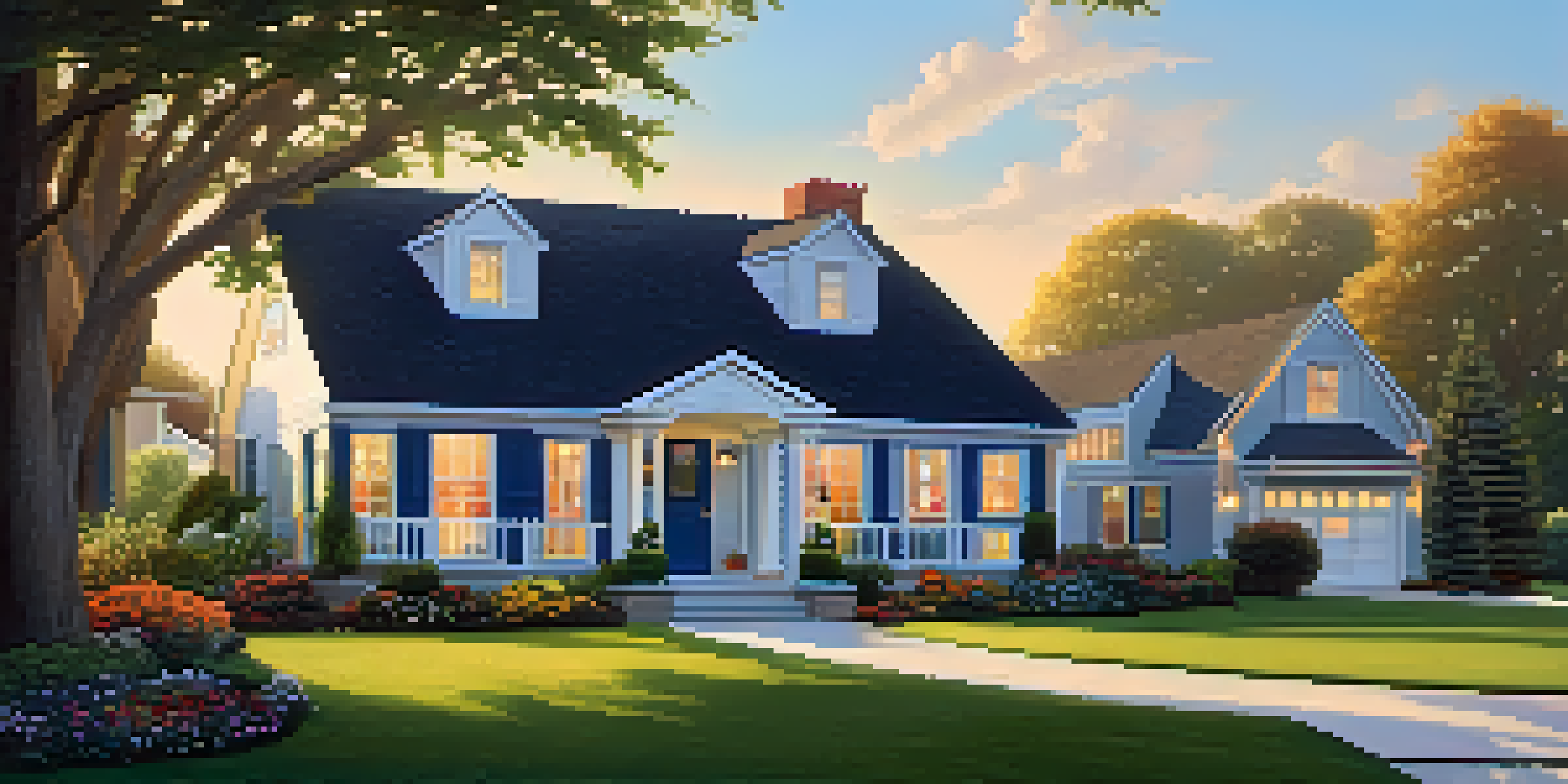 A clean suburban home with bright windows and a well-kept garden during sunset.