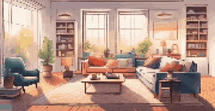 A cozy living room showcasing smart home technology, with a smart speaker on a coffee table and warm lighting.