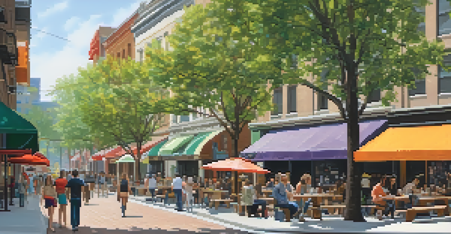 A revitalized downtown street with pedestrians, outdoor cafes, trees, and colorful banners, creating a lively atmosphere.