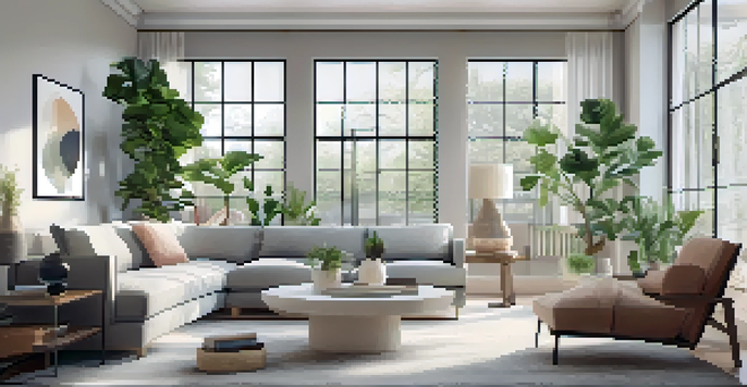 A spacious living area with a gray sofa, a storage coffee table, large windows, and houseplants, creating a bright and inviting open floor plan.