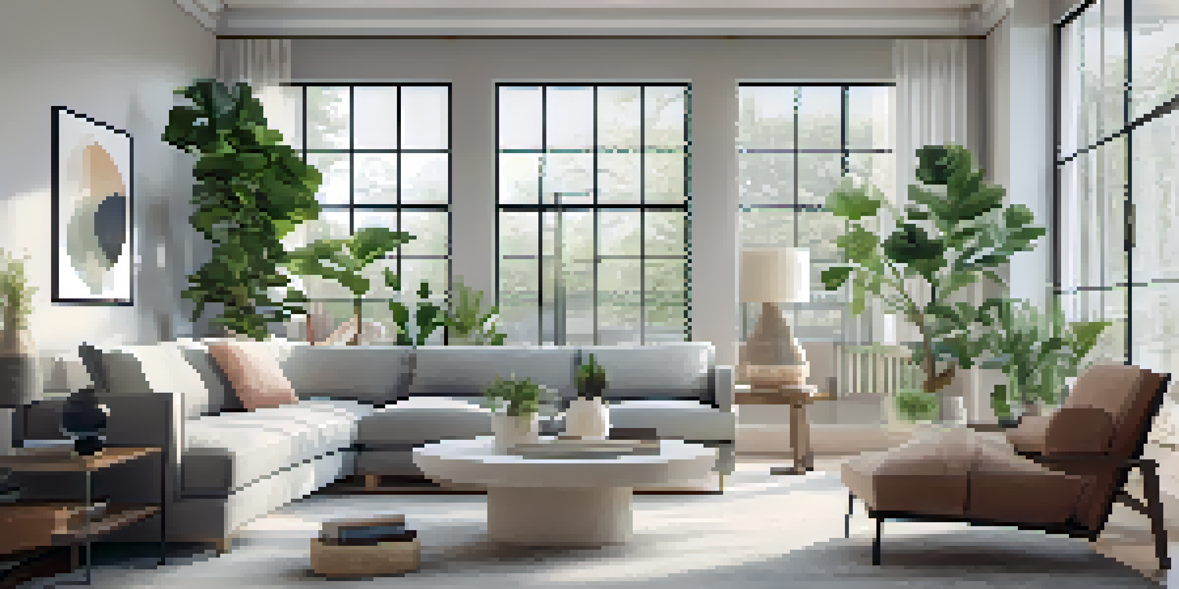 A spacious living area with a gray sofa, a storage coffee table, large windows, and houseplants, creating a bright and inviting open floor plan.