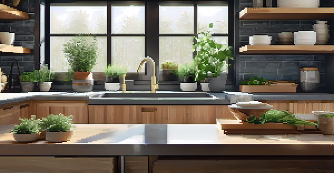 A renovated kitchen featuring modern cabinets, countertops, and a stylish backsplash, with sunlight streaming in and herbs on the windowsill.