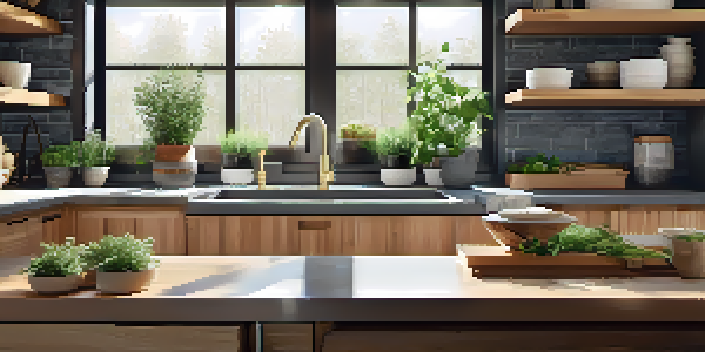 A renovated kitchen featuring modern cabinets, countertops, and a stylish backsplash, with sunlight streaming in and herbs on the windowsill.