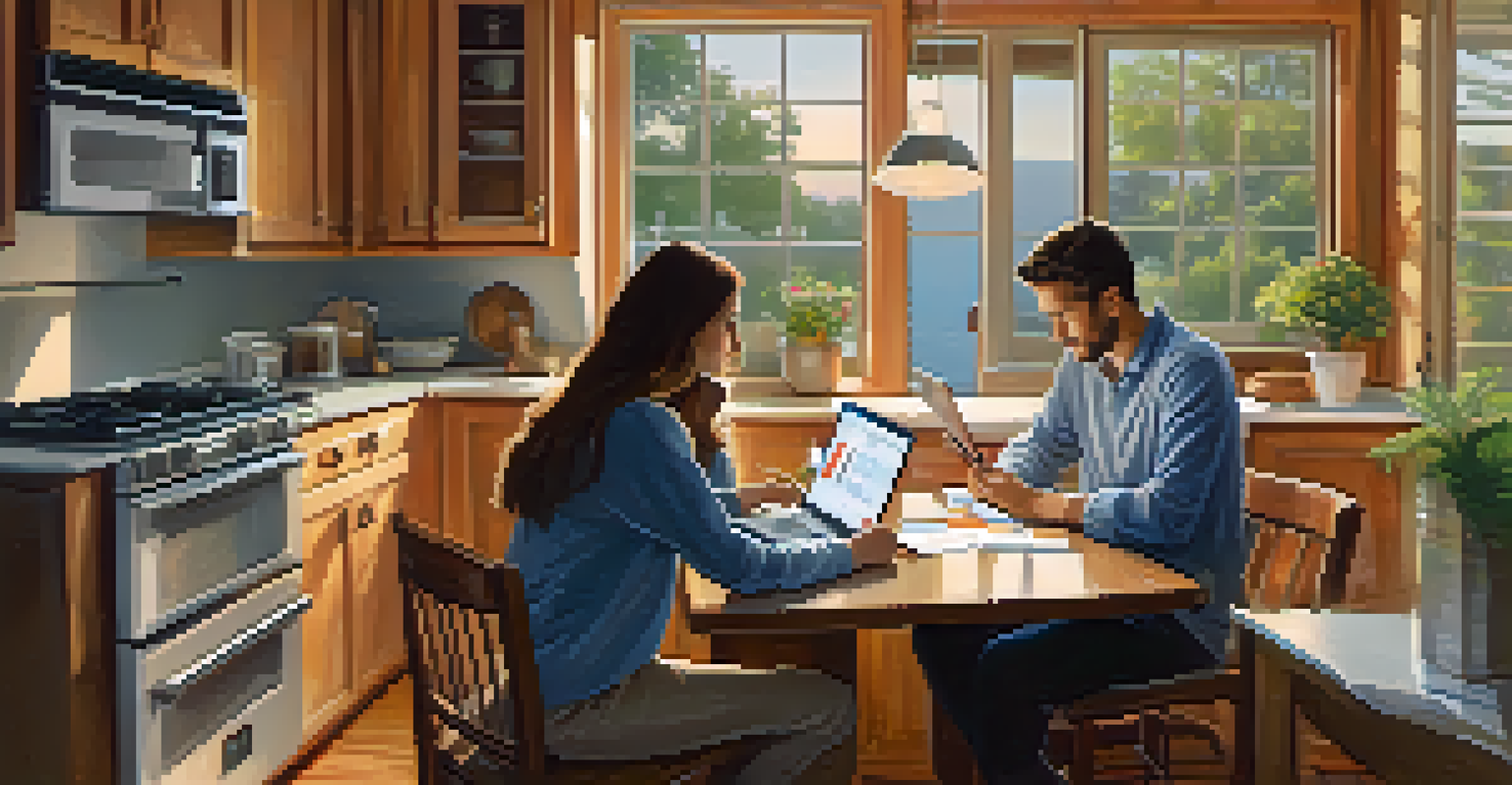A couple reviewing a mortgage application at a kitchen table with a laptop and a house model, in warm lighting.