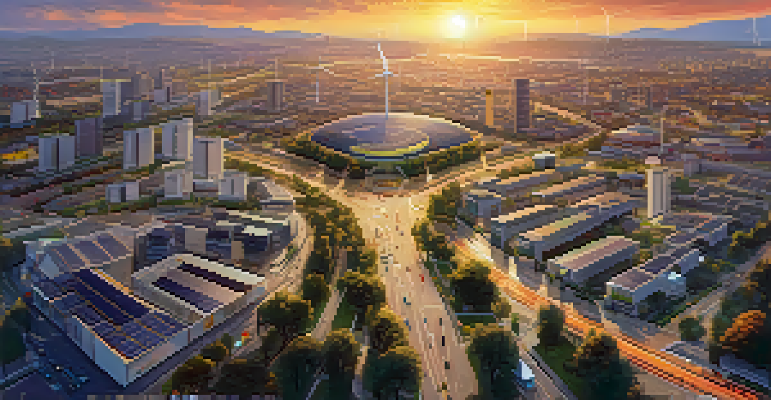 Aerial view of a smart city with solar panels, wind turbines, and green spaces under a golden sunset.