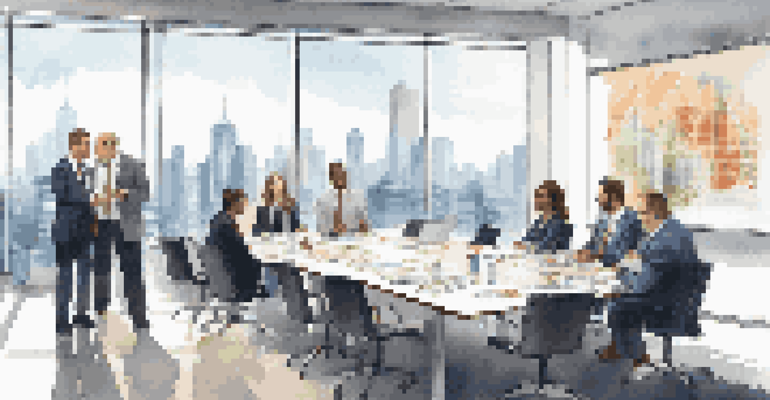 A group of real estate agents in a conference room discussing strategies with graphs on a screen.
