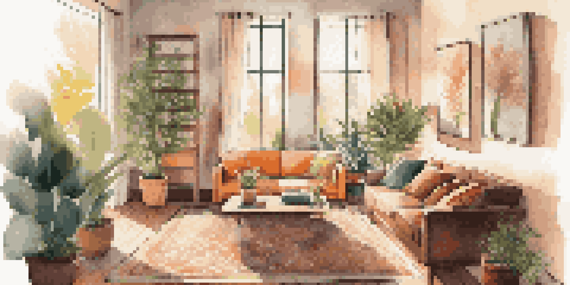A bright and cozy living room with a sofa, coffee table, and houseplants, illuminated by sunlight through large windows.
