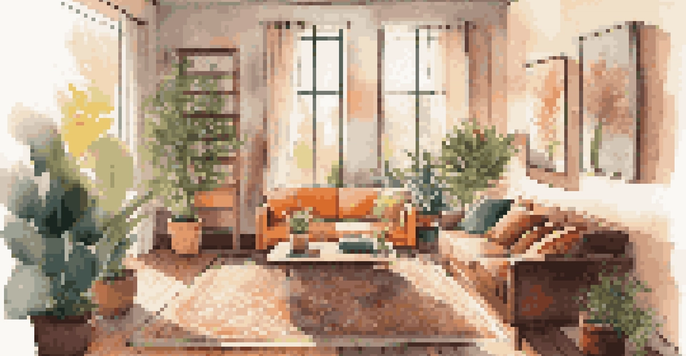 A bright and cozy living room with a sofa, coffee table, and houseplants, illuminated by sunlight through large windows.