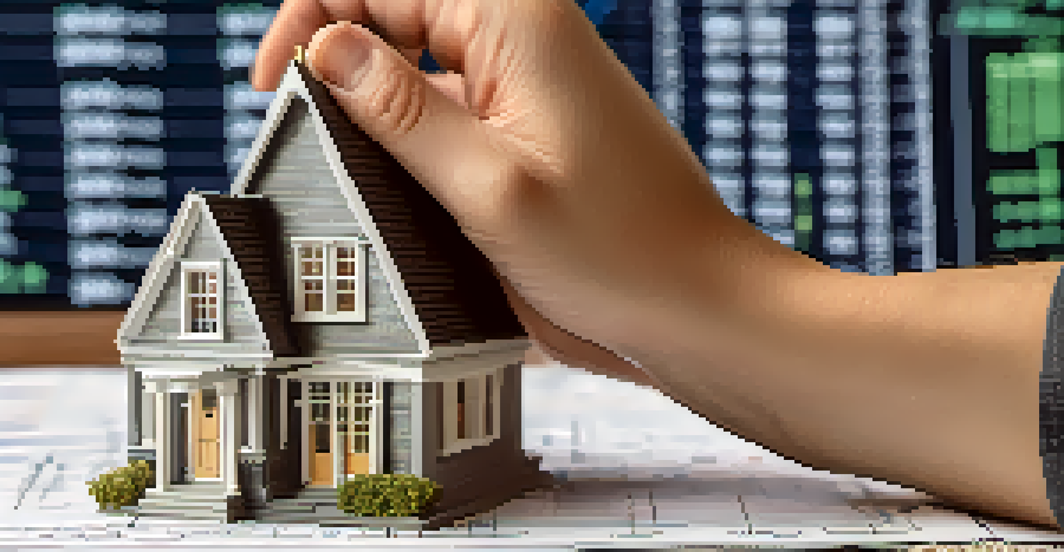 A hand holding a miniature house model in front of financial graphs and charts.