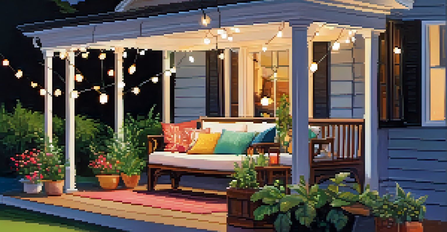A cozy porch with a colorful bench, plants, and soft lighting.