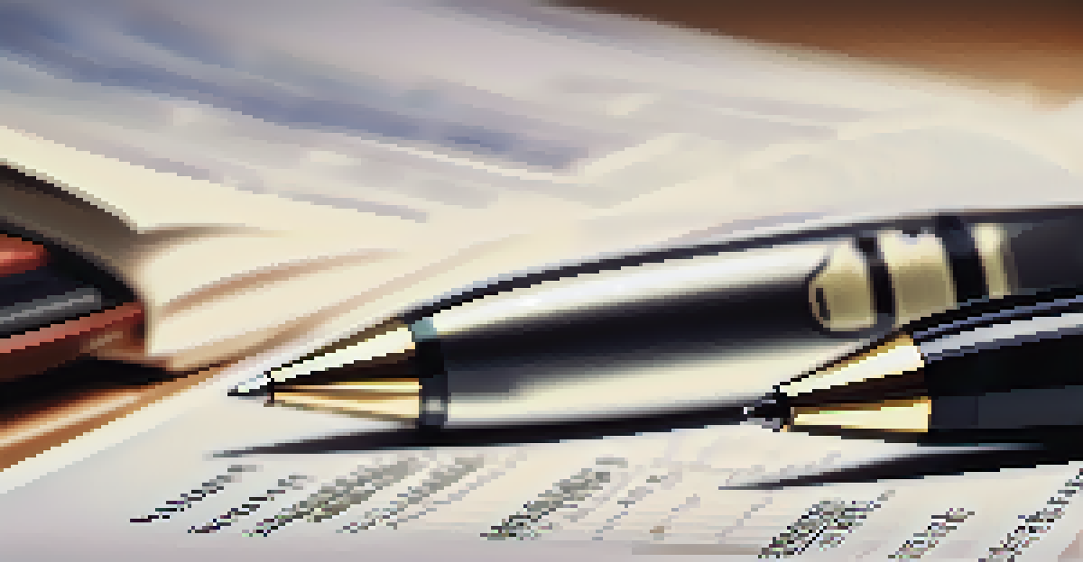 A close-up of a real estate contract and a pen, with financial documents and a calculator in a warm-lit setting.