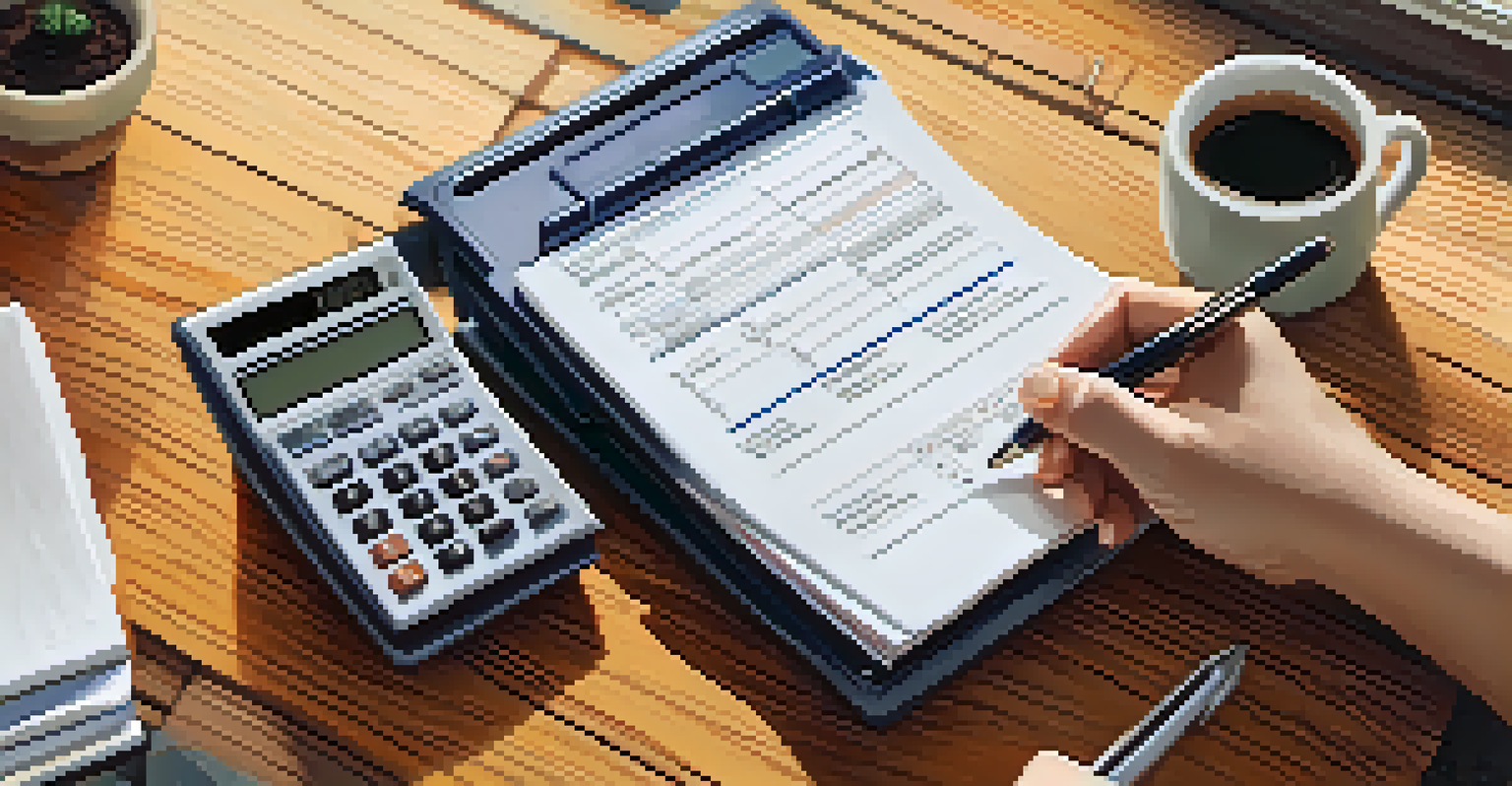 Close-up of hands holding a calculator and mortgage documents on a table with a cup of coffee and a notepad.