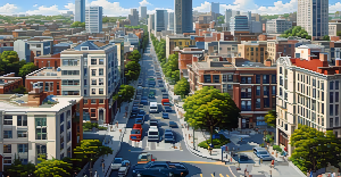 An aerial view of a vibrant urban area with a mix of high-rise buildings and residential complexes, showcasing successful real estate investments.