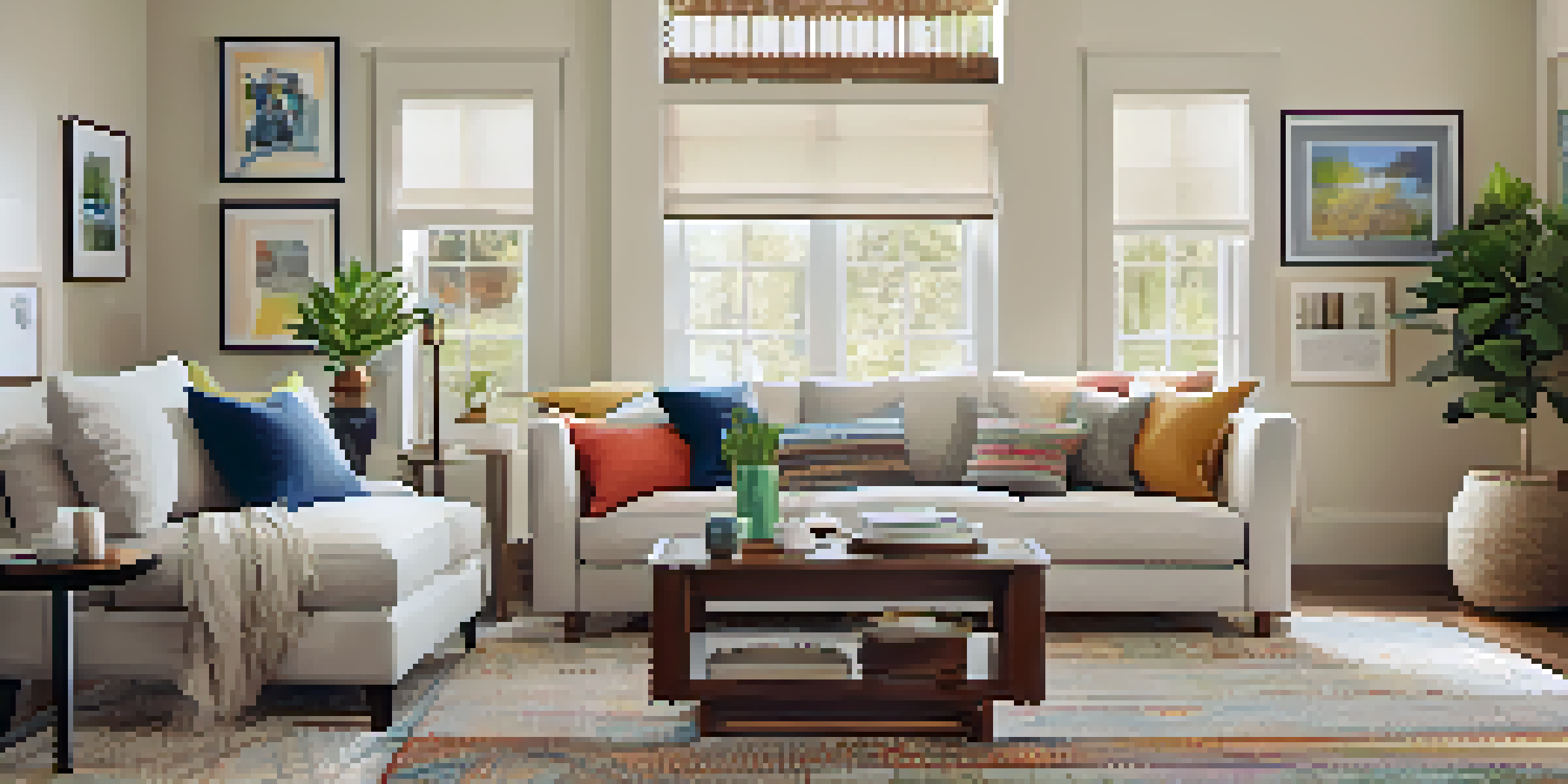 A cozy living room with neutral colors, colorful throw pillows on a sofa, and soft lighting creating an inviting atmosphere.